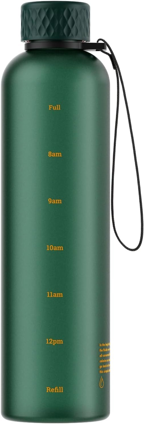 Sursip Slim Water Bottle 32 oz, Leakproof with Time Marker and Strap