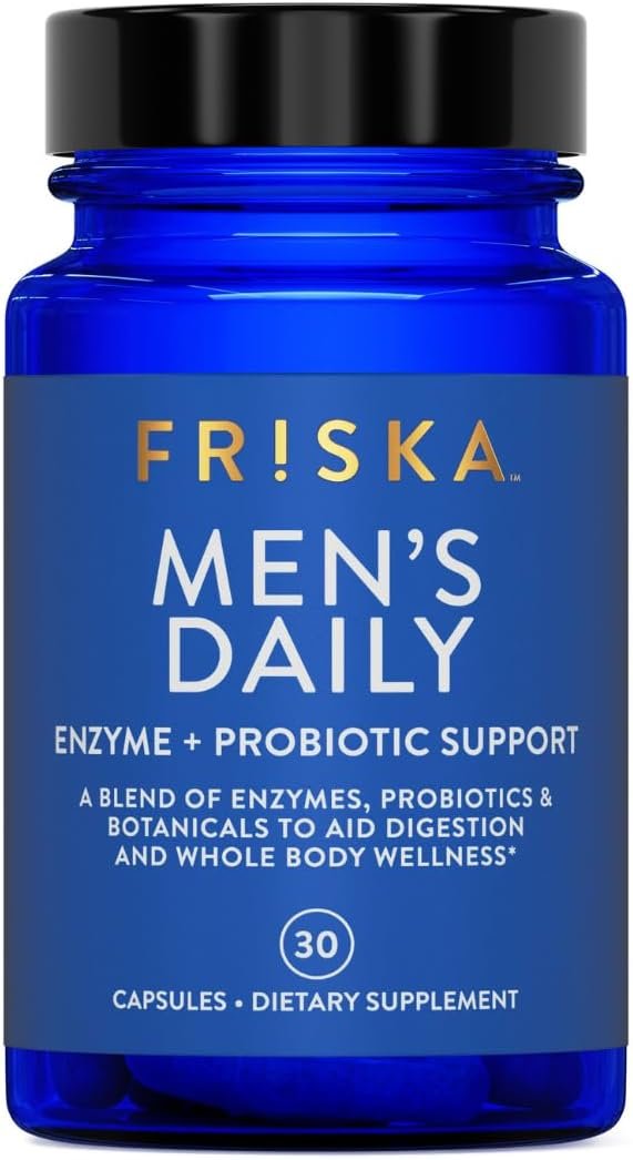Friska Men’s Daily Digestive Enzymes for Men – Bloating & Gas Support with Probiotics, Helps Digest Heavy Meals, Dairy & Protein, Gut Health Support, 30 Capsules