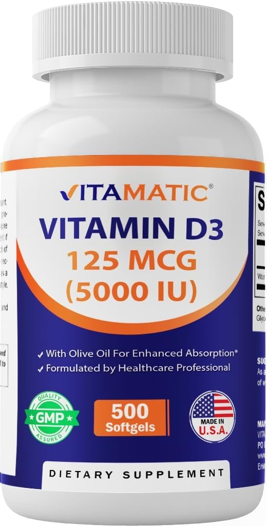 Vitamatic Vitamin D3 5000 IU (125 mcg), 500 Softgels, Made in USA