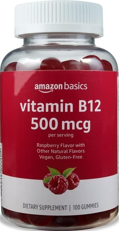 Amazon Basics Vitamin B12 500 mcg Gummies for Energy Production, Metabolism and Immune System Support, Raspberry Flavor, 100 Count