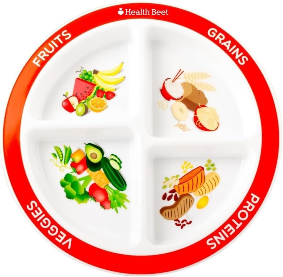 Health Beet MyPlate Portion Control Plate – 4 Divided Sections for Fruit Grains Veggies Proteins – Dishwasher & Microwave Safe Sectioned Plates for Health Education (1-Pack)
