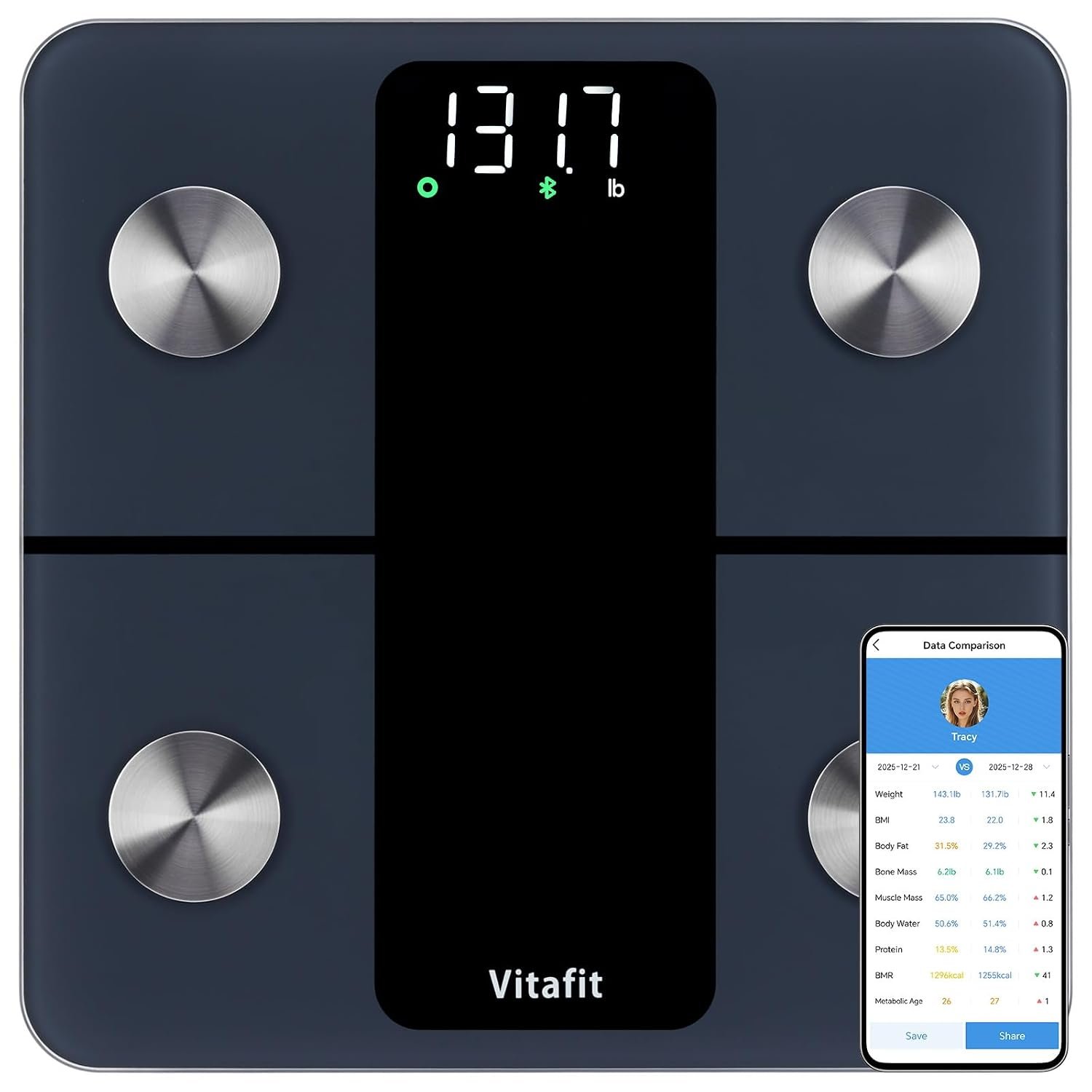 Vitafit Smart Scale for Body Weight High Accuracy 0.1lb, 400lb, LED, Black