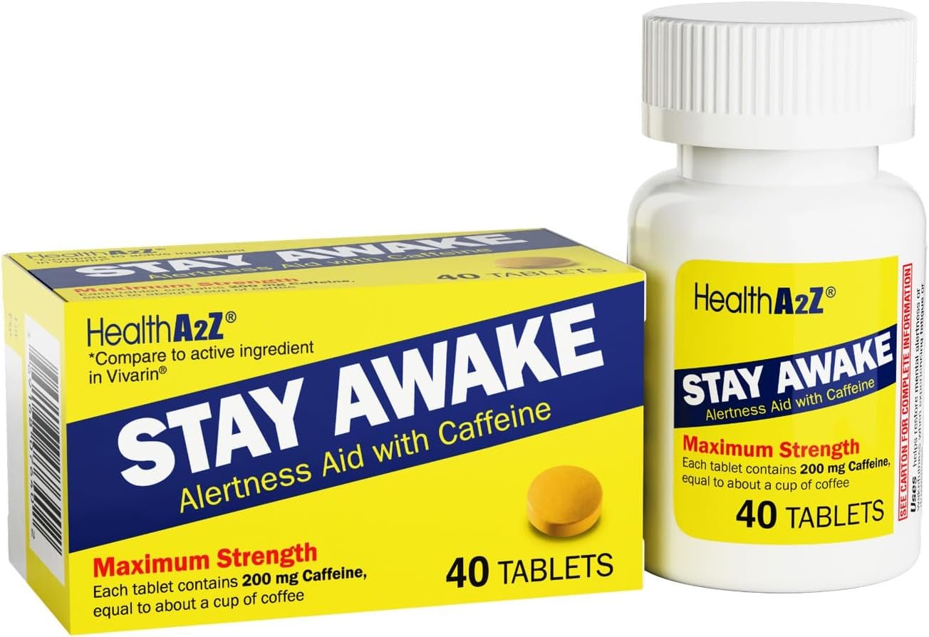 HealthA2Z® Stay Awake Caffeine 200mg, Max Strength Alertness, 40 Ct