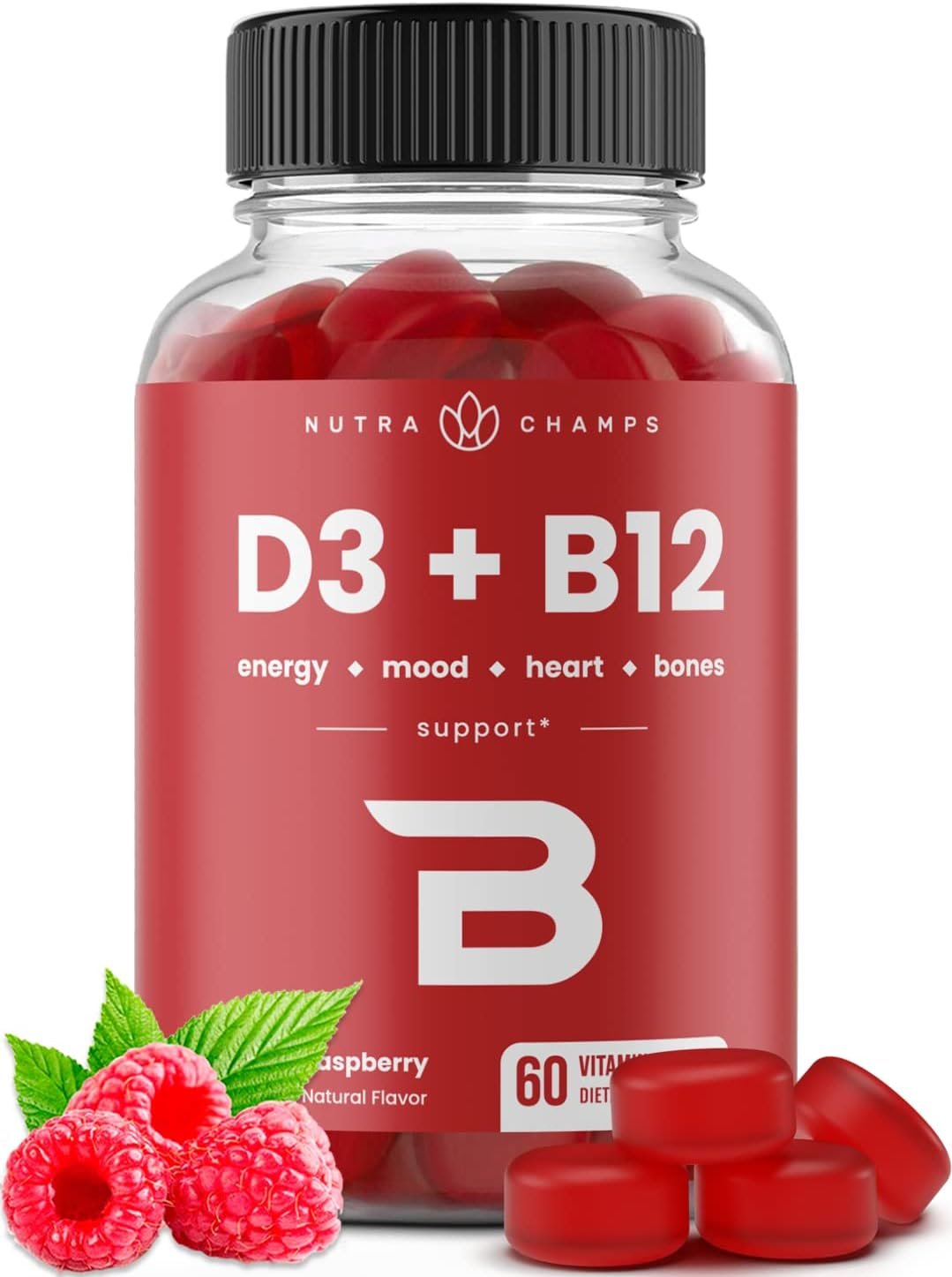 NutraChamps Vitamin D3 & B12 Gummies for Adults & Kids, Methyl B12 with Vitamin D3 & B9 Folate, Raspberry Flavor, 60 Gummies