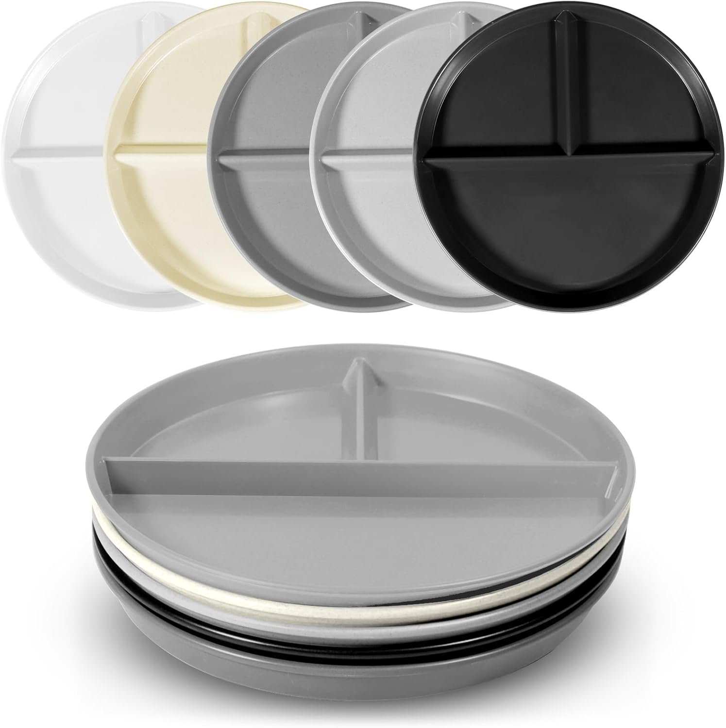 Portion Control Plate For Weight loss 9 Inch 5 Piece, Plastic Divided Plates For Adults with 3 Compartments, Microwave And Dishwasher Safe，Suitable For Adult And Kids