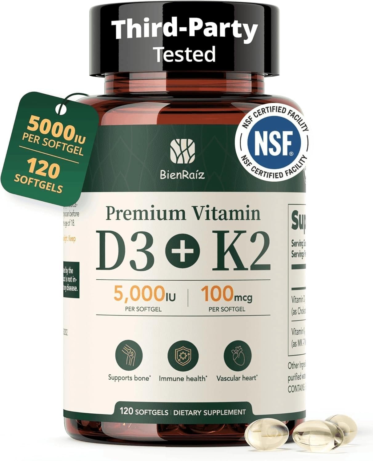 BienRaíz Vitamin D3 K2 5000IU, All-Trans MK-7 100mcg, 120 Softgels