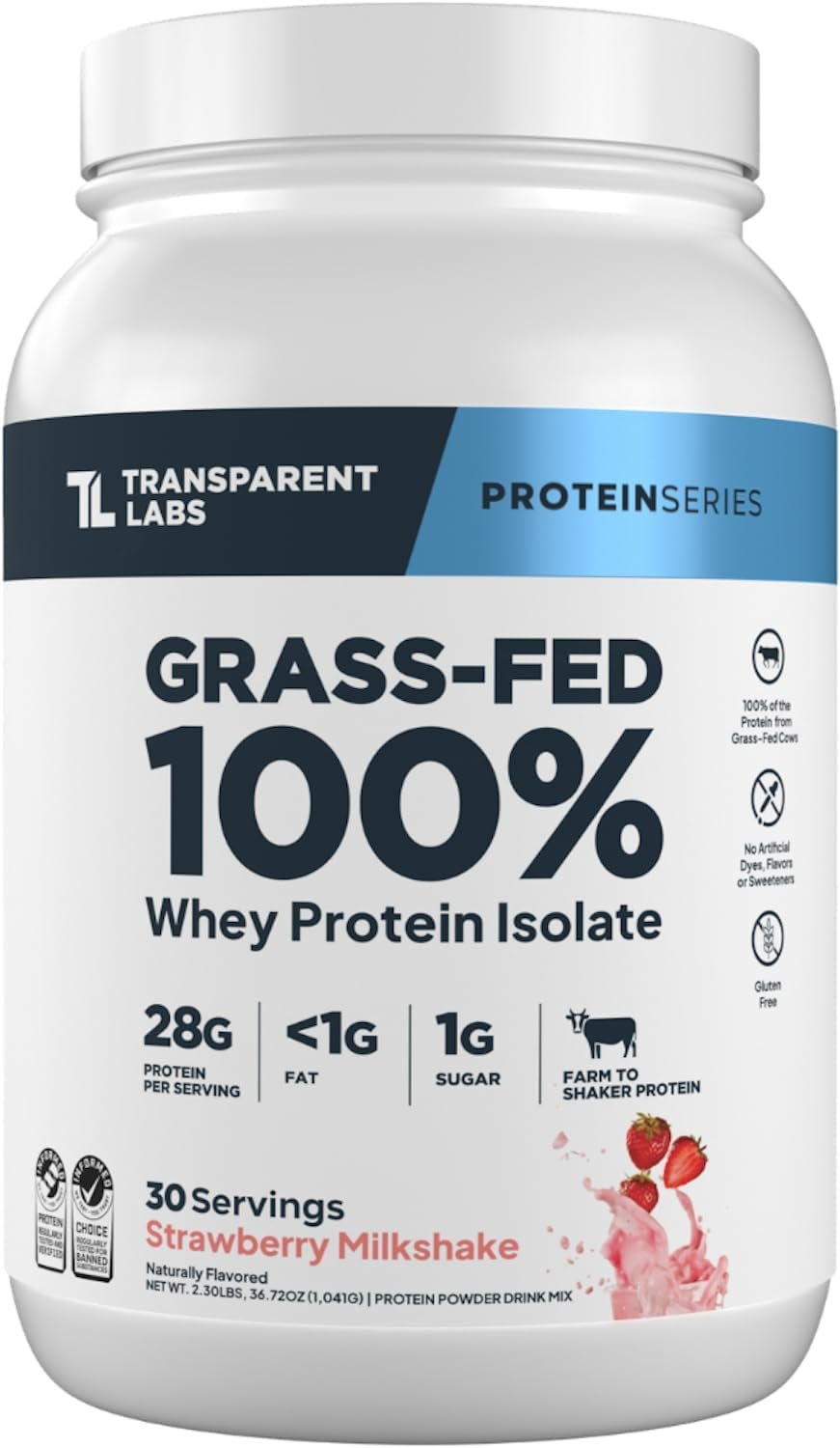 Transparent Labs Grass-Fed Whey Protein – 30 Servings, Strawberry Milkshake