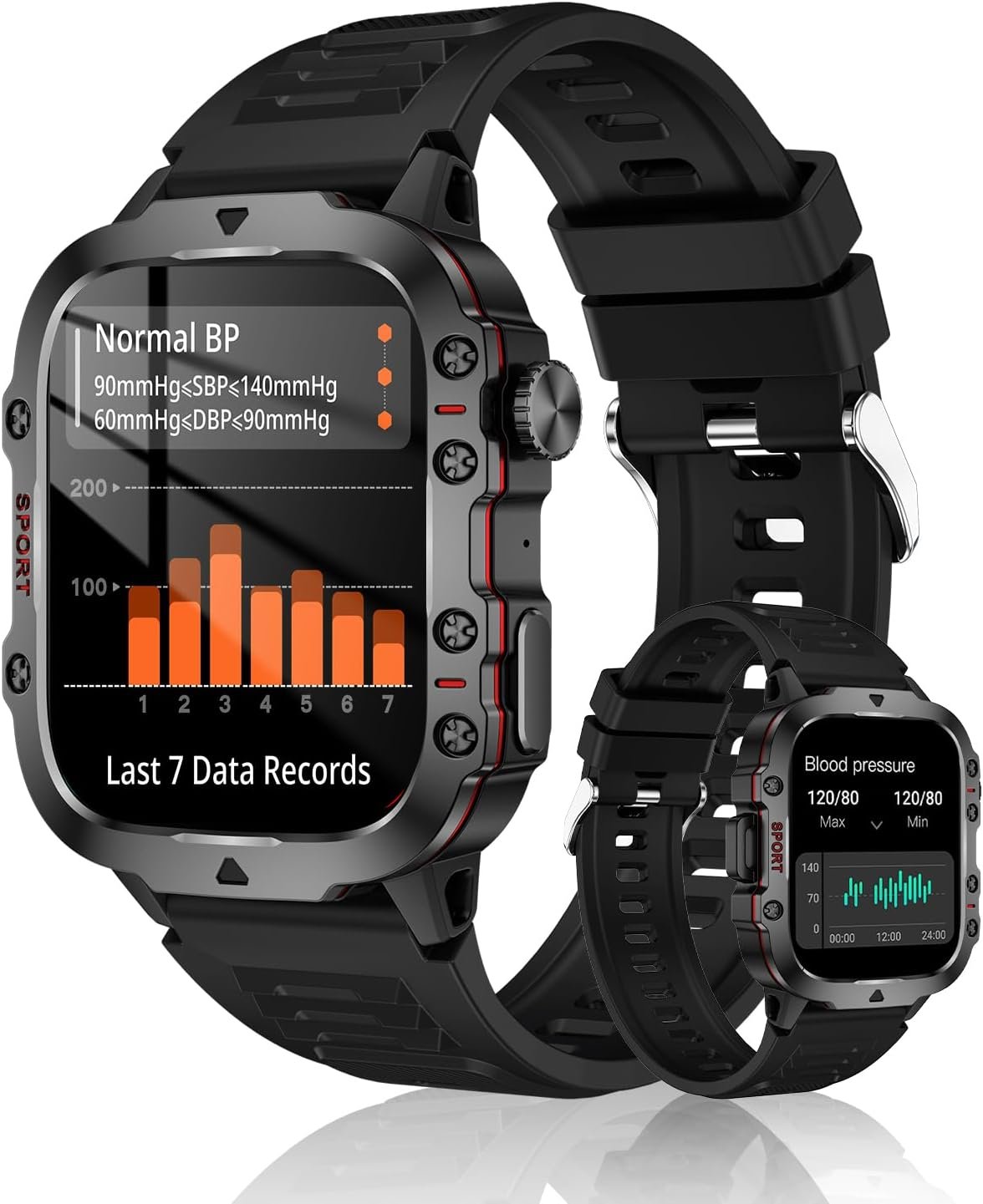 Blood Pressure Watch Men, IP68 Waterproof Blood Pressure Watch, 1.96″ High-Resolution Touch Screen Smart Fitness Tracker with 100+ Sport Modes Compatible with Android and iOS, Black