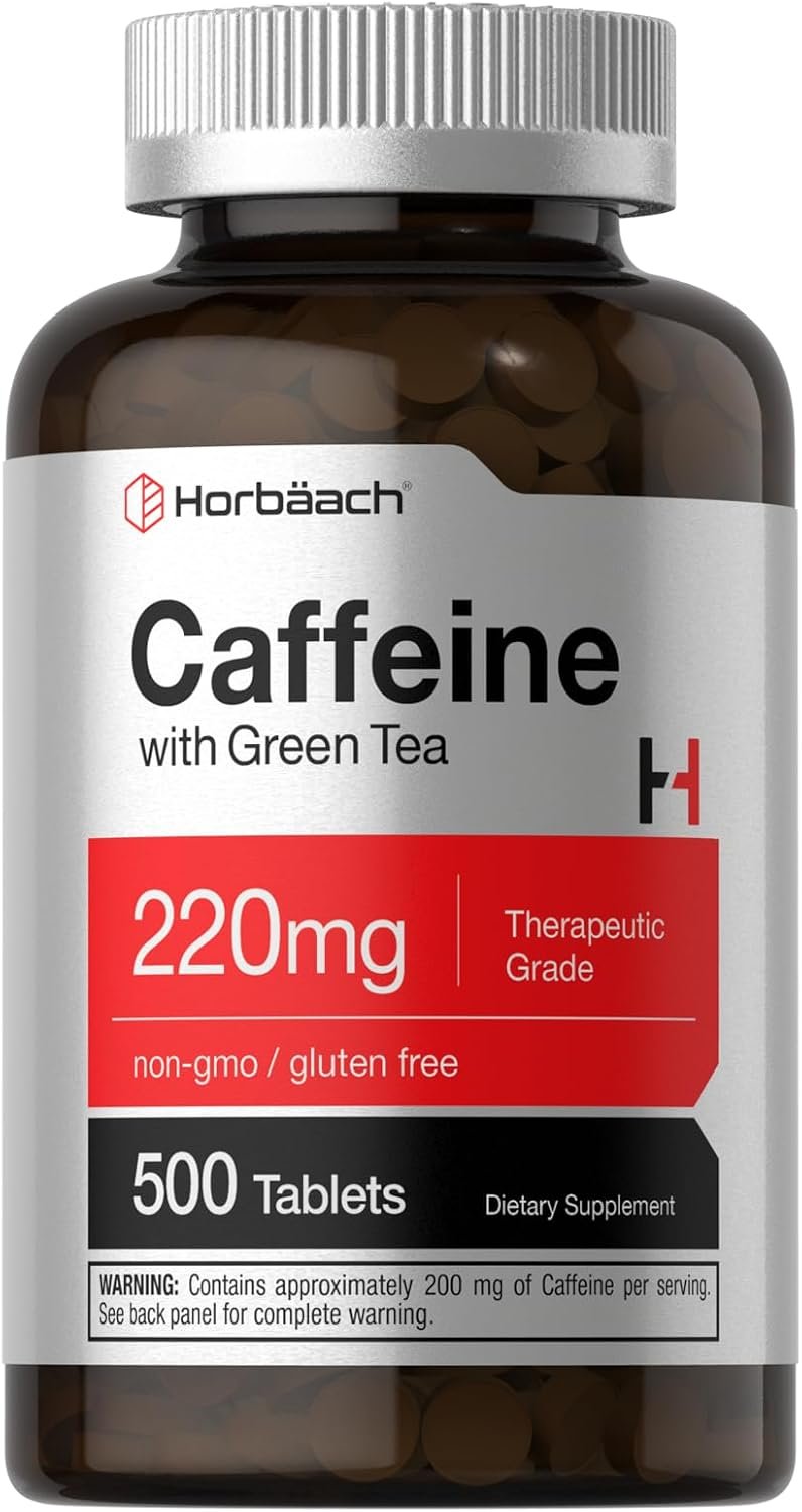 Horbäach Caffeine Pills 220mg with Green Tea | 500 Tablets | Vegetarian, Non-GMO & Gluten Free
