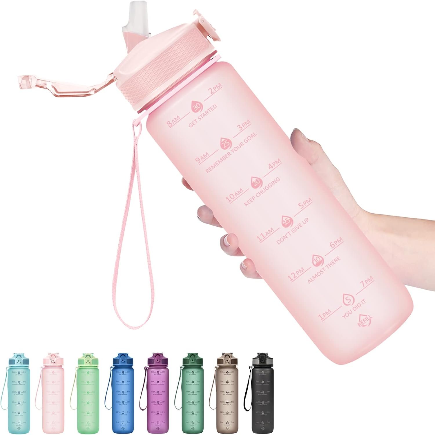 Hyeta Plastic Water Bottle With Straw & Time Marker, 32oz Leakproof Jug