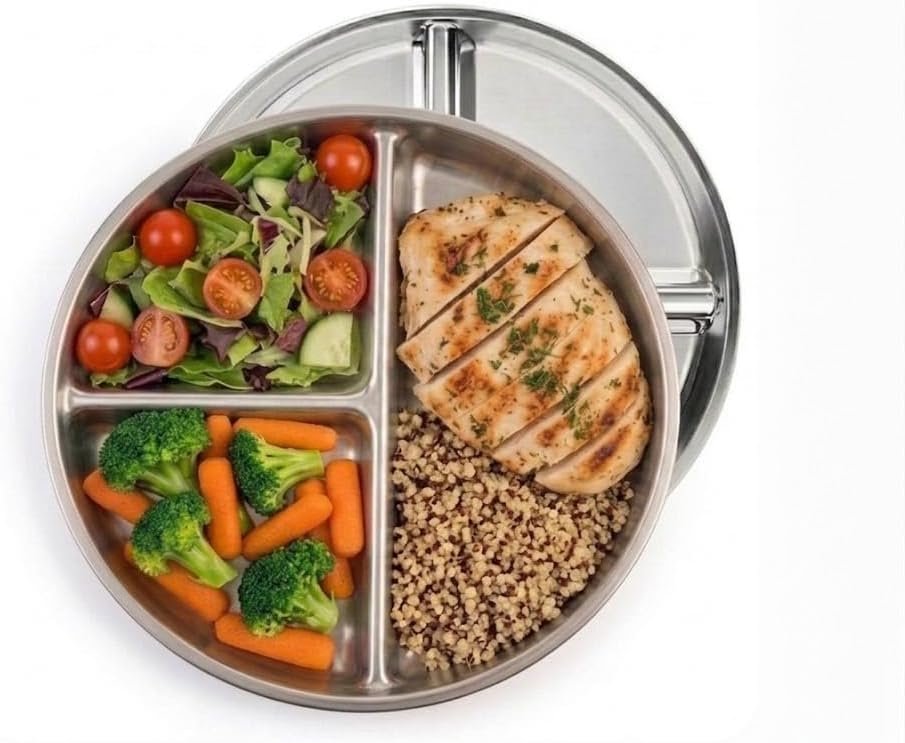 Stainless Steel Portion Control Plate | 3 compartment plates | Divided Plates for Adults Kids | Bariatric and Diabetic Diet Food Portion Plate | 2 pack – 9″x 9″ Size