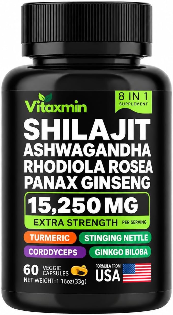 Shilajit Ashwagandha Capsules with Rhodiola Rosea, Panax Ginseng, Cordyceps, Ginkgo Biloba, 8-in-1 Shilajit Extract Supplement for Men and Women, 60 Capsules