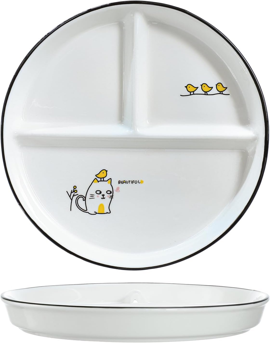 1 PCS Ceramic Dinosaur Portion Control Plate Divided Dish for Rational Eating, Divided Dessert Plate Salad Plate Dinner Plate-Cat and Birds-8 Inch