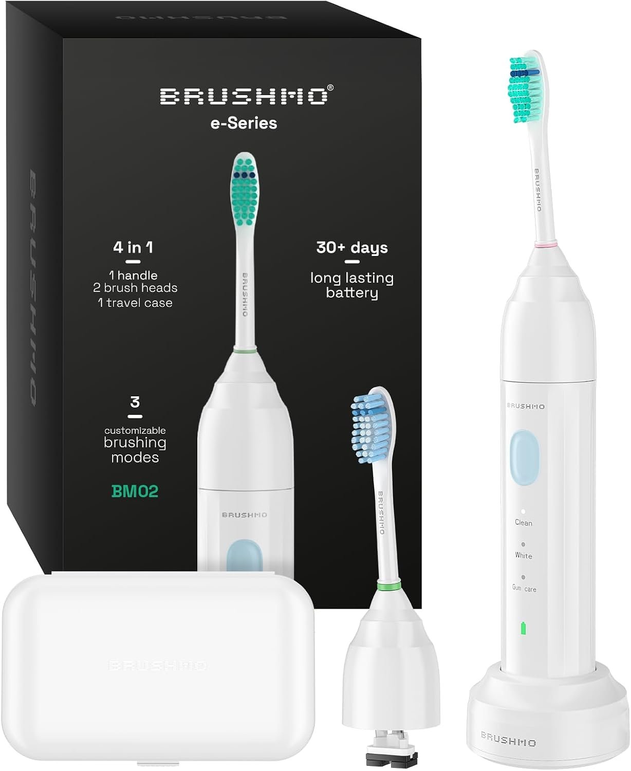 BRUSHMO E-Series Rechargeable Electric Toothbrush, 3 Modes, 2 Brush Heads