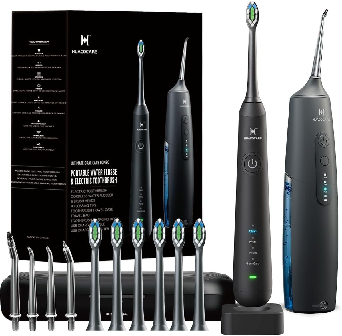 2-1 Oral Clean Kit- Water Dental flosser & Electric Toothbrush Combo- Brushing & Flossing- for Teeth Cleaning and Gum Health (Black)