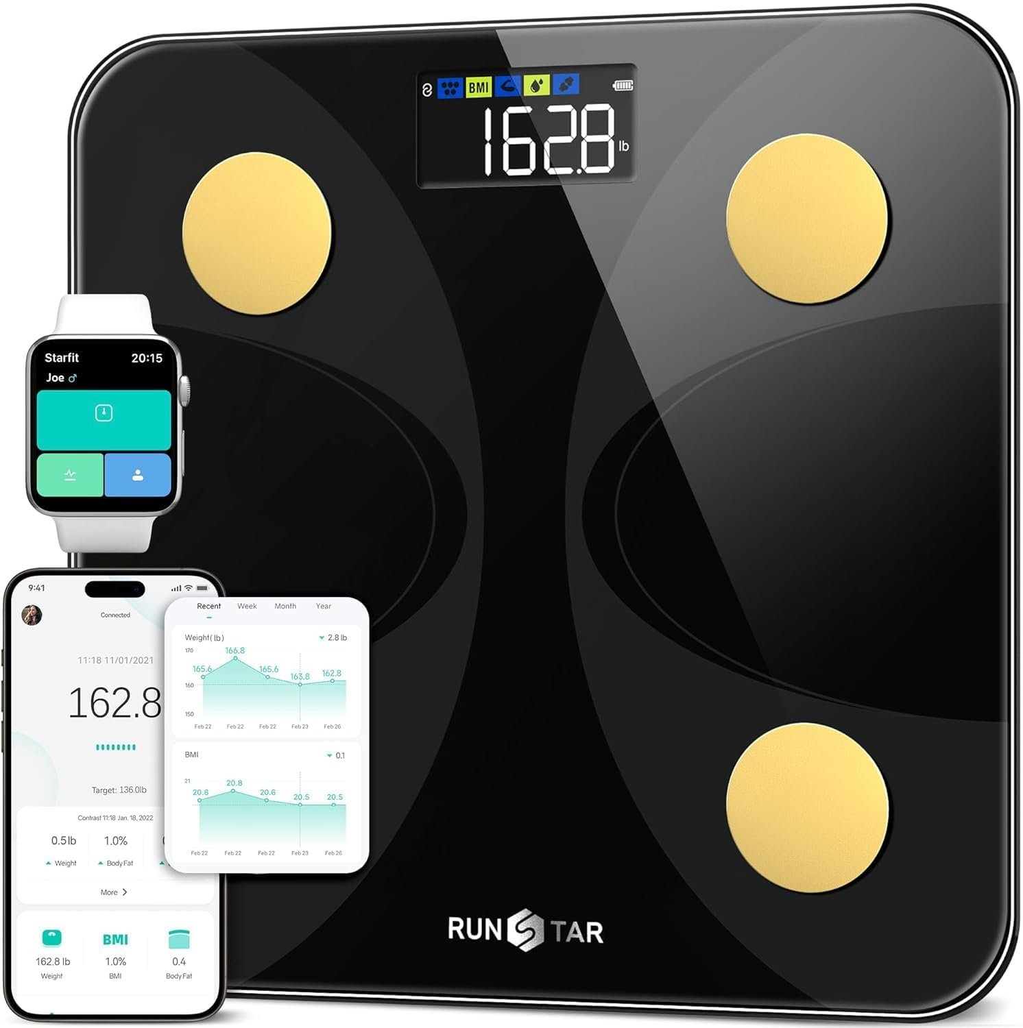 Scale for Body Weight and Fat Percentage, RunStar Digital Accurate Bathroom Smart Scale with Large Display, FSA&HSA Eligible 13 Body Composition Analyzer Sync App, Black Gold