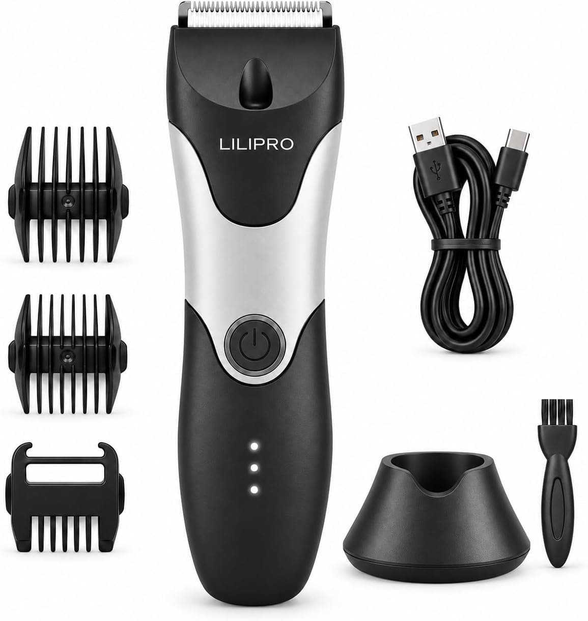 Body Hair Trimmer for Men & Women, Waterproof Groin & Body Groomer, Ceramic Blade, LED Light, USB-C Rechargeable, 3 Guide Combs & Charging Dock
