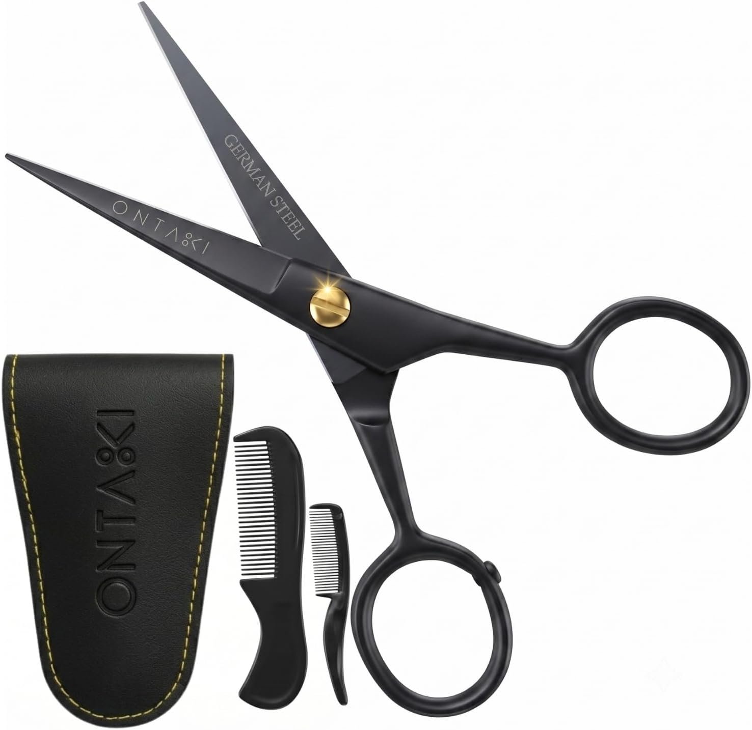 Ontaki 5″ Beard & Mustache Scissors for Men with Combs – Black German Steel
