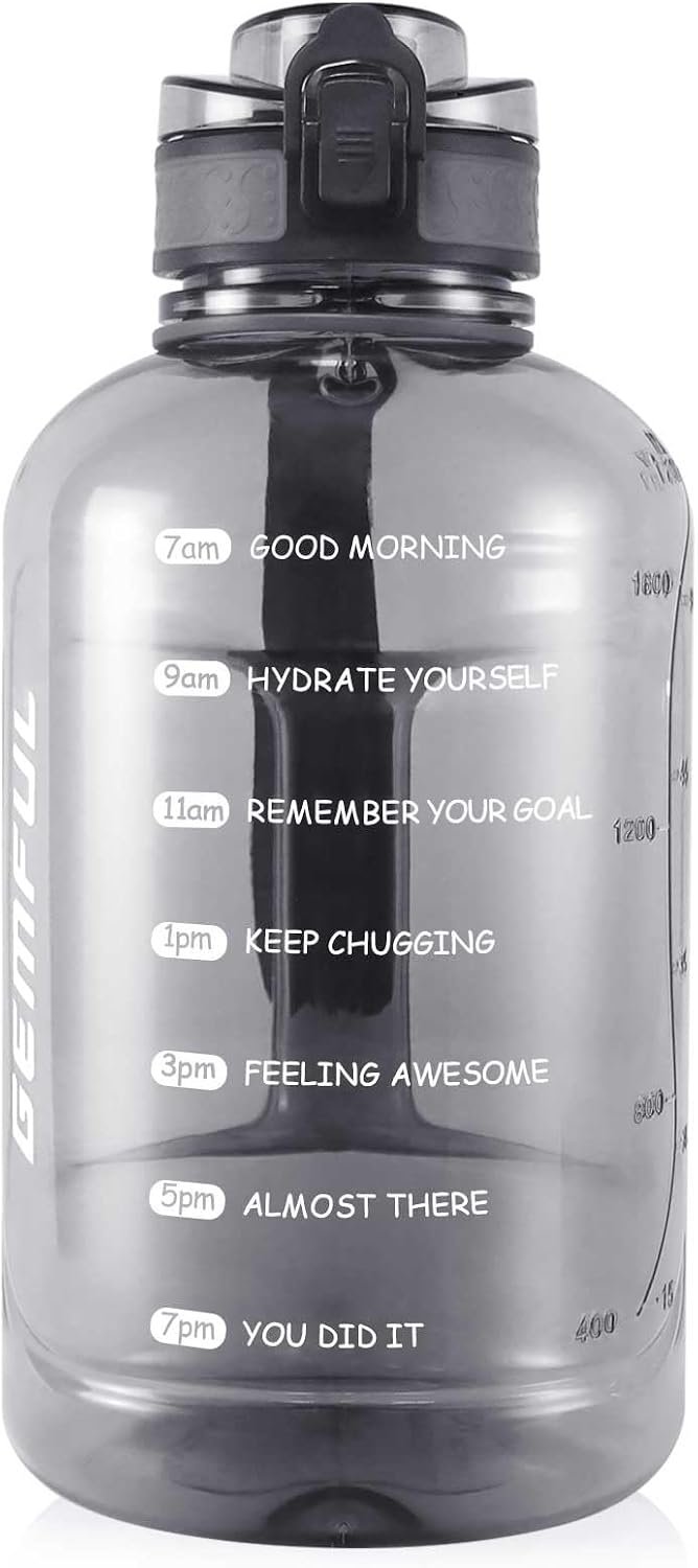 GEMFUL 2 Liter Water Bottle with Time Marker 64oz Motivational Jug (Grey)