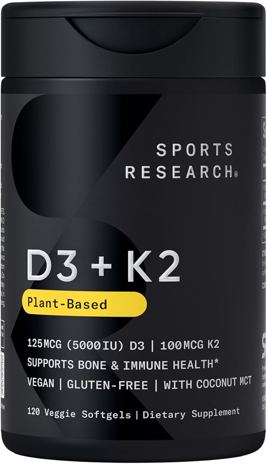 Sports Research® Vegan Vitamin D3 + K2 w/Coconut Oil, 120 Count Plantgels™