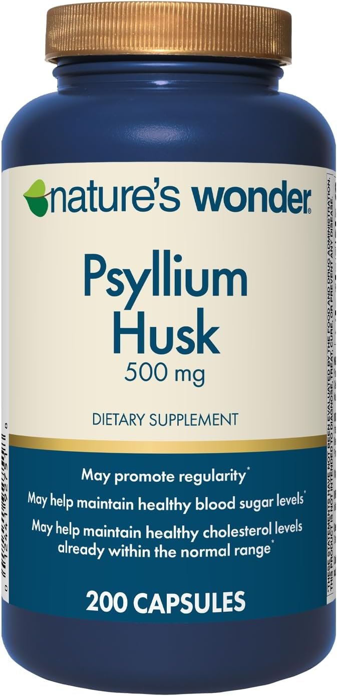 Nature’s Wonder Psyllium Husk 500 mg Capsules for Digestive Health, Plant-Based Fiber, 200 Count