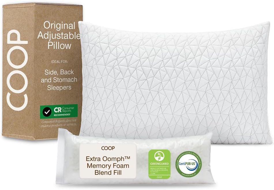 Coop Home Goods Original Adjustable Pillow, Queen Size Bed Pillow for Sleeping, Cross Cut Memory Foam Pillow – Medium Firm Back, Stomach and Side Sleeper Pillow, CertiPUR-US/GREENGUARD Gold