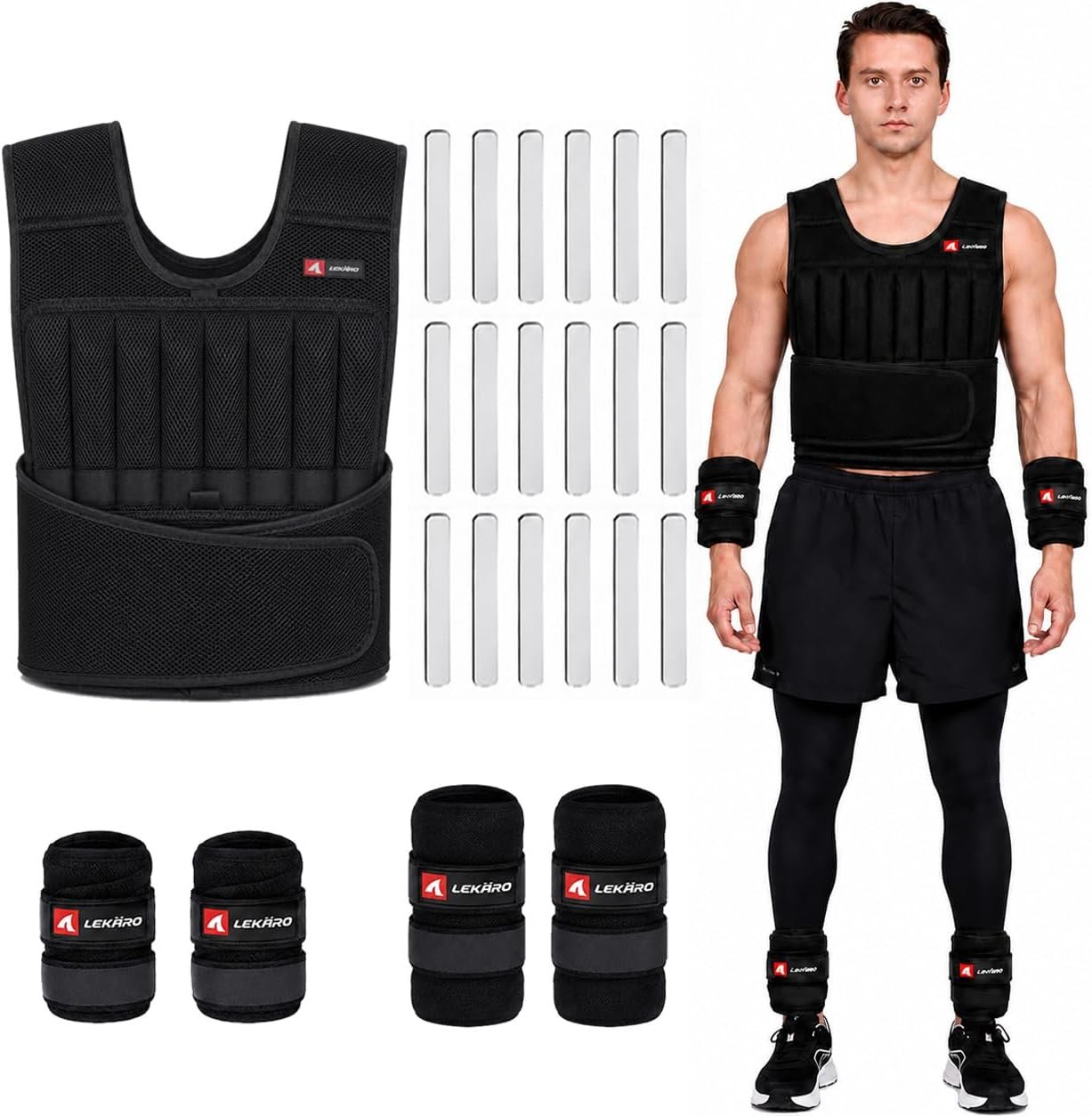 44LB 5-Piece Weighted Vest Wrist Ankle Weights Set with Steel Plates