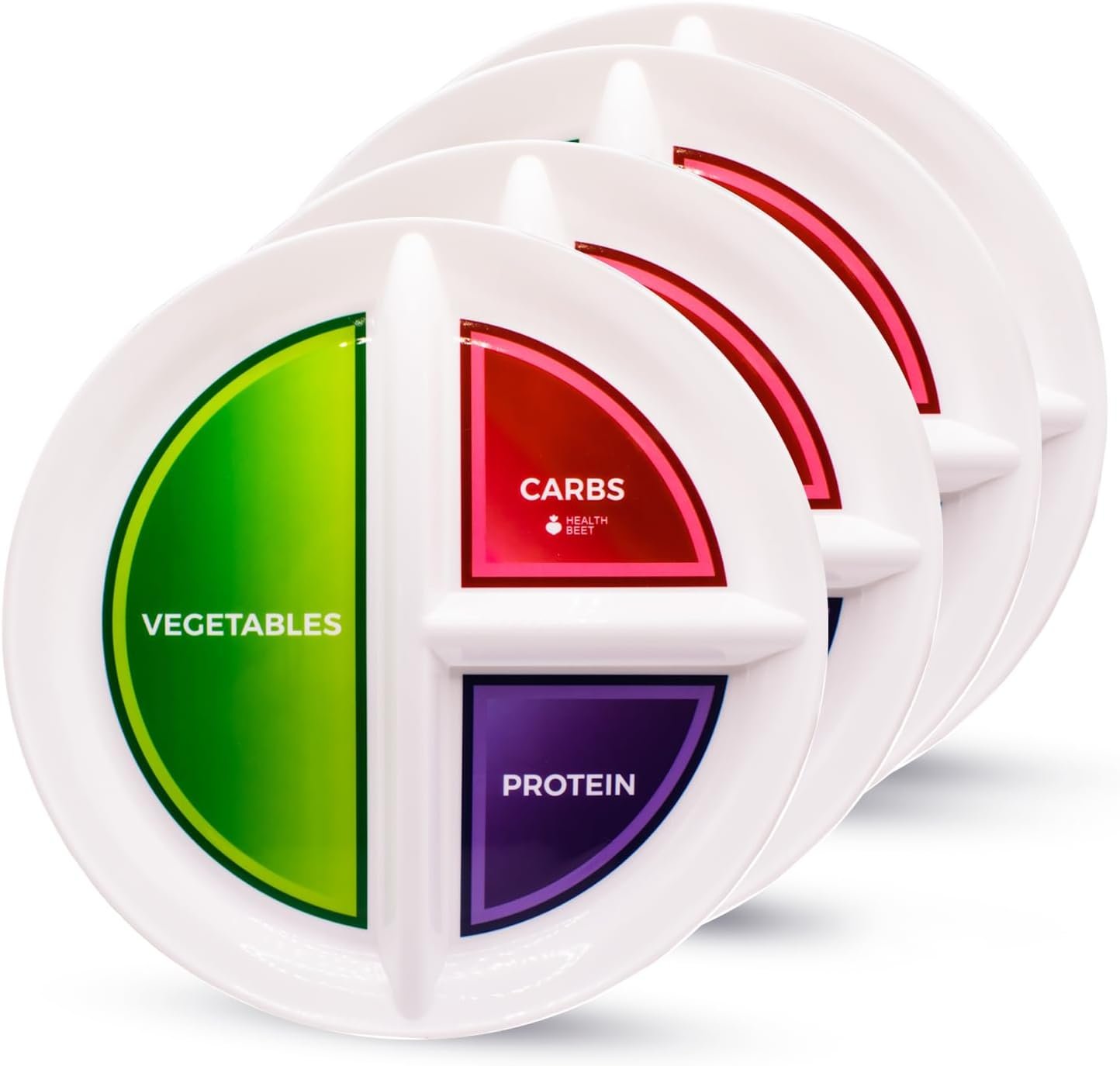 Health Beet 10” Diabetic Portion Control Plate for Balanced Eating – 3 Divided Sections for Veggies Carbs & Protein Microwave & Dishwasher Safe Bariatric Sectioned Plates for Adults & Kids – 4 Pack