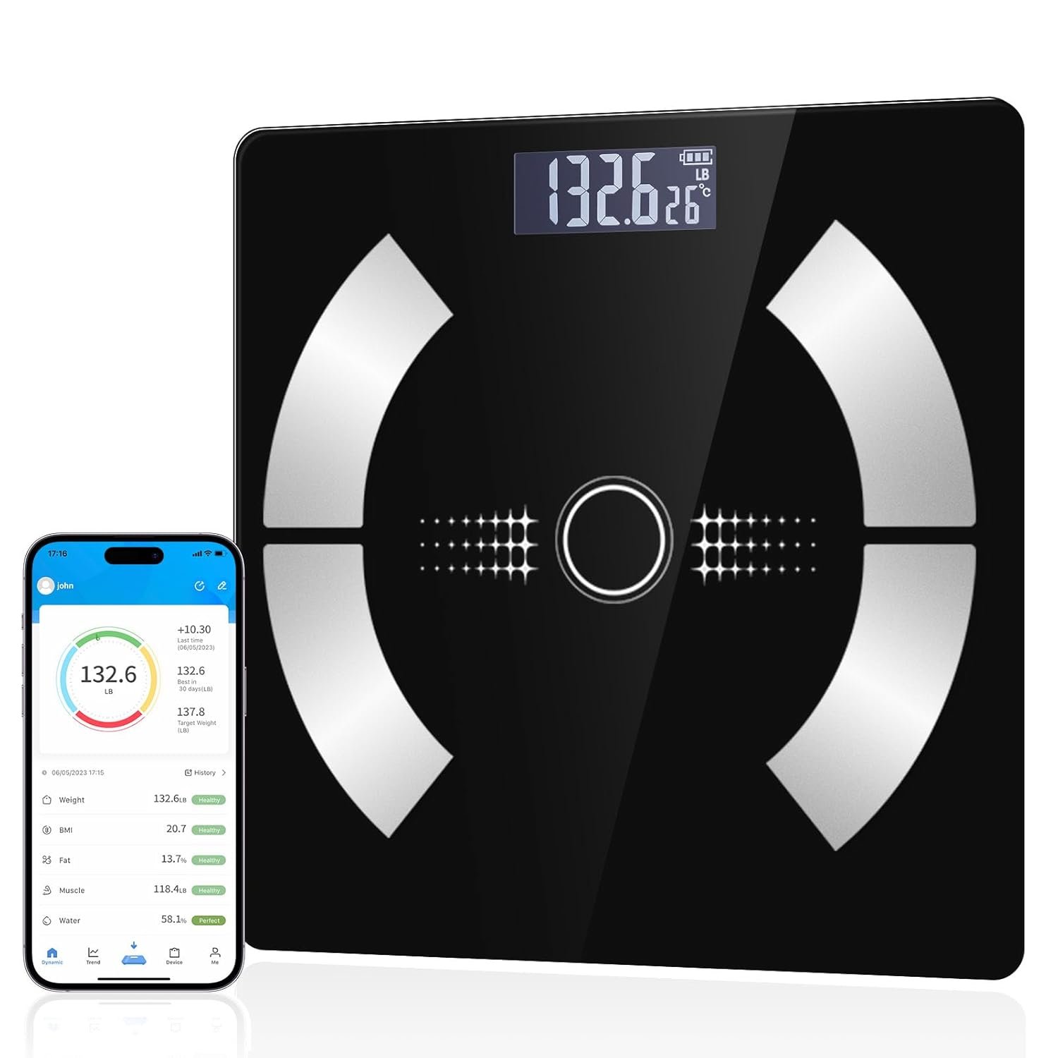 Digital Smart Scale for Body Weight and Body Composition – BMI, Body Fat, Muscle Mass Reading, Bluetooth Sync with Compatible Apps, Personal Use at Home【Black】