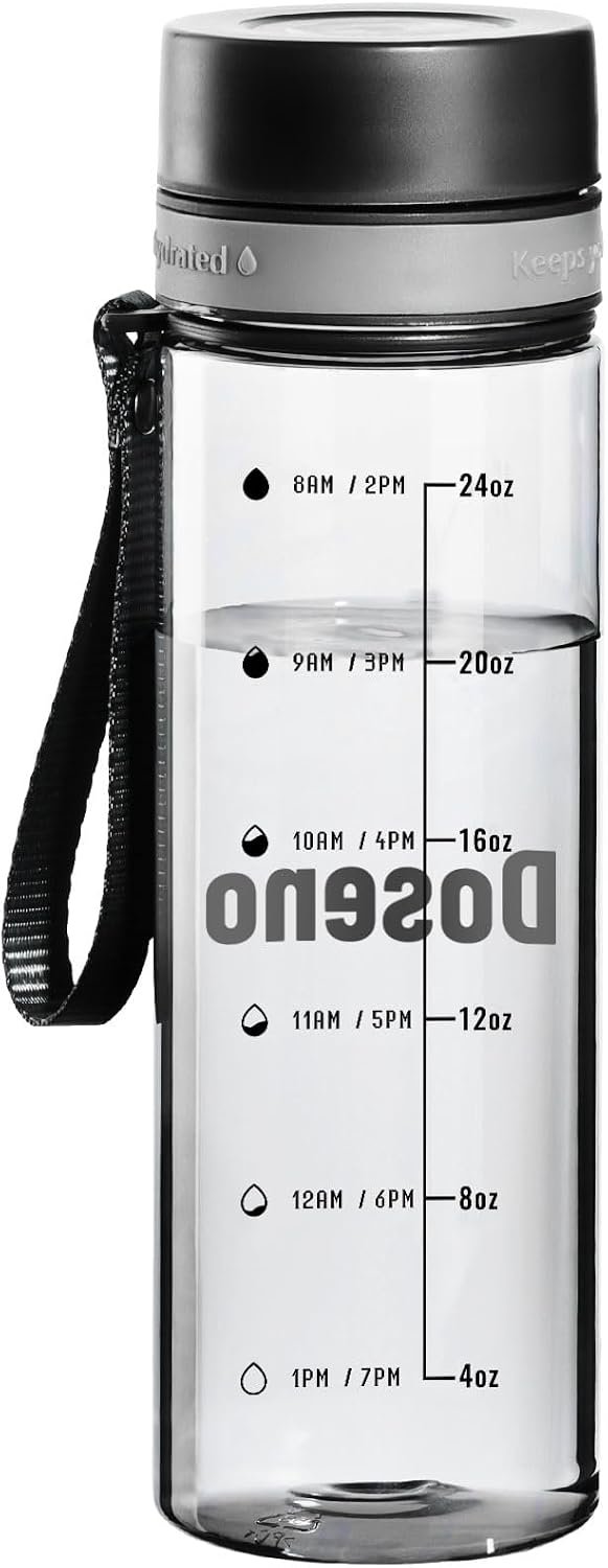 Doseno Clear Water Bottle with Time Marker, 28 oz Plastic Bottle, Black