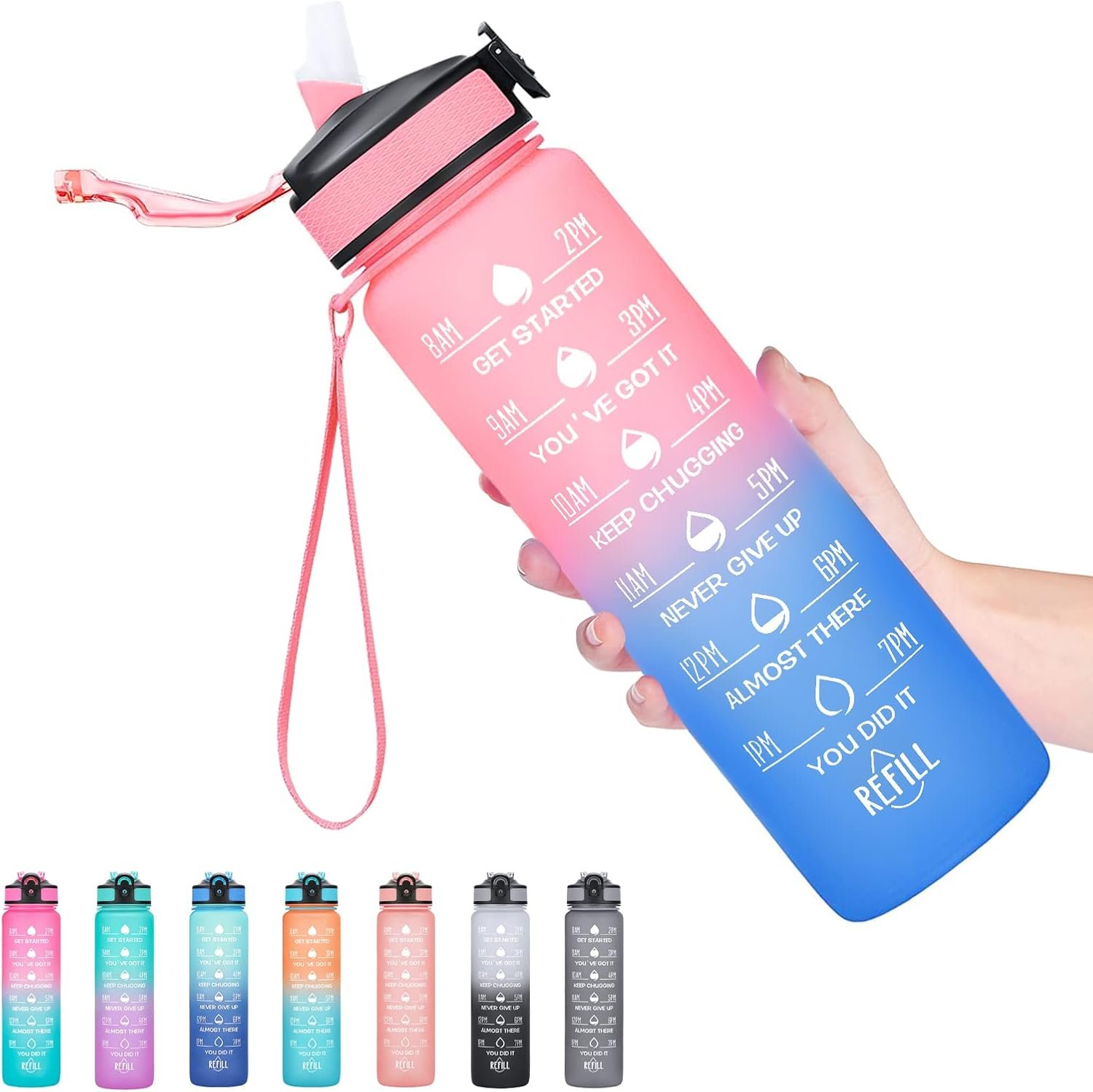 Hyeta Water Bottle with Straw & Time Marker, Plastic 32oz Leakproof