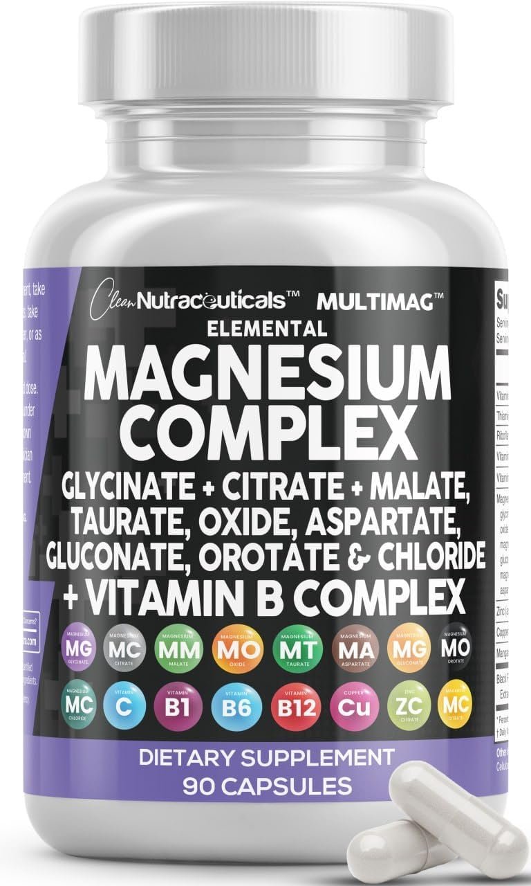 Clean Nutraceuticals Magnesium Complex with Magnesium Glycinate Citrate Malate Oxide Taurate Aspartate Orotate & Mag Chloride, Zinc Copper Manganese & Vitamin C B1 B2 B6 B12 Complex – 1Pack