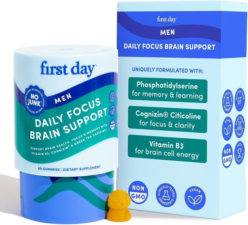 FIRST DAY Focus Gummies for Men, Caffeine Gummies, Citicoline, 60 Ct