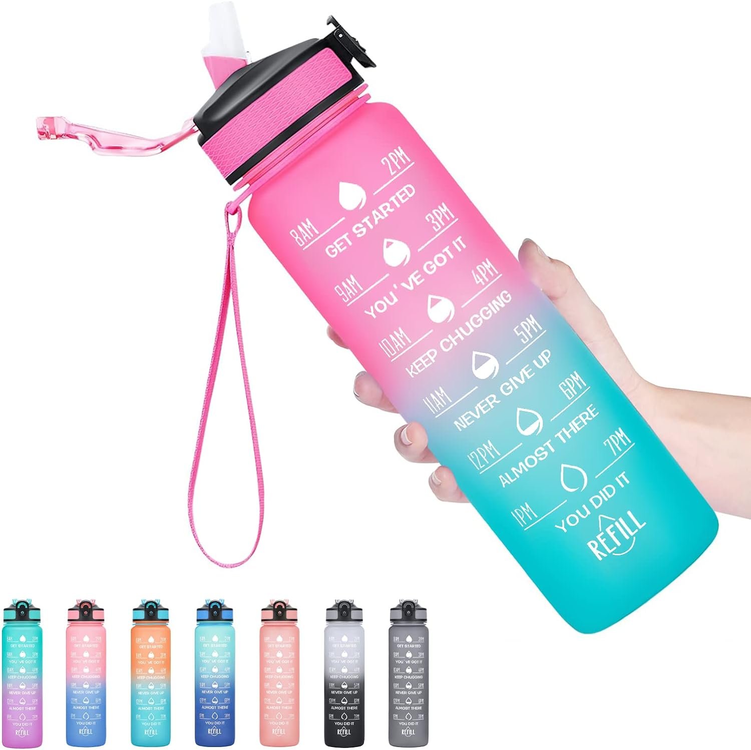 Hyeta Water Bottle with Straw & Time Marker, Plastic 32oz Leakproof