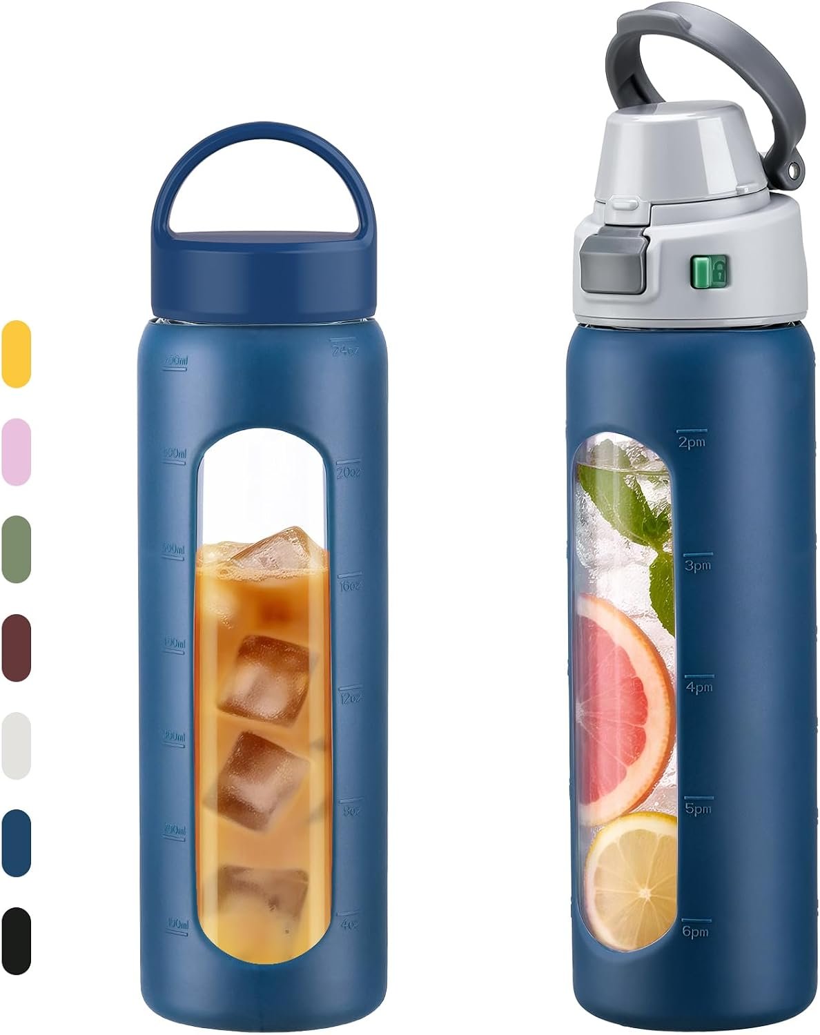 MUKOKO 24oz Glass Water Bottle with Straw, 2 Lids-Staw Lid and Screw Handle Lid, Reusable Drinking Bottle with Time Marker for Sports and Home, Dark Blue
