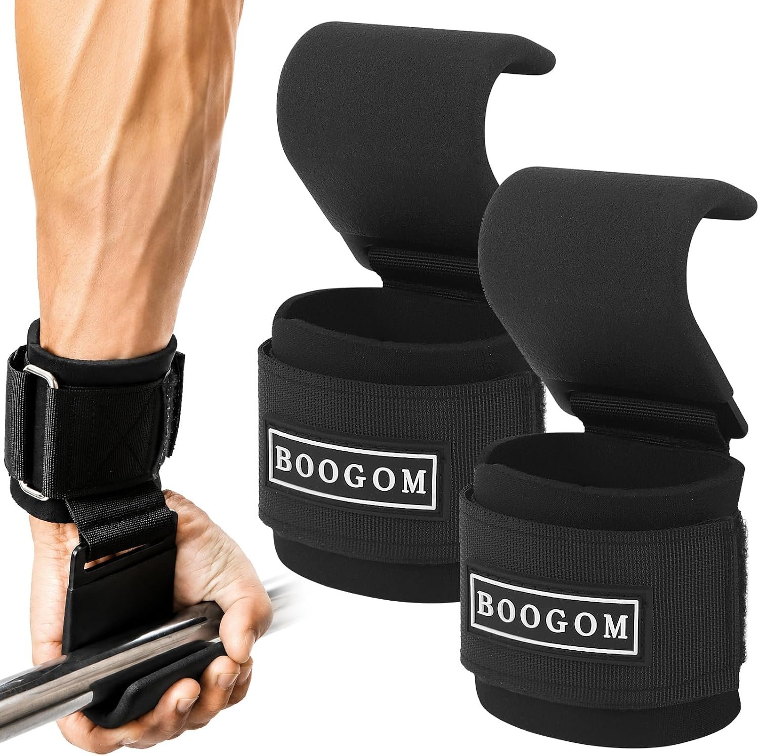 Weight Lifting Hooks with Lifting Wrist Straps (Pair) for Deadlifts, Pull Ups, Rows & Shrugs – Heavy Duty Adjustable Wrist Wraps with Thick Padded Support – Gym Workout Grips & Gloves for Powerlifting, Men & Women