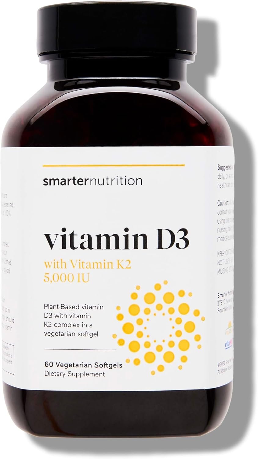SMARTERNUTRITION Vegan Vitamin D3 5000 IU + Natural Vitamin K2 1100 mcg in Organic Coconut & Olive Oil – D3 K2 Supplement for Immune & Bone Support – 60 Softgels[30 Day Supply]