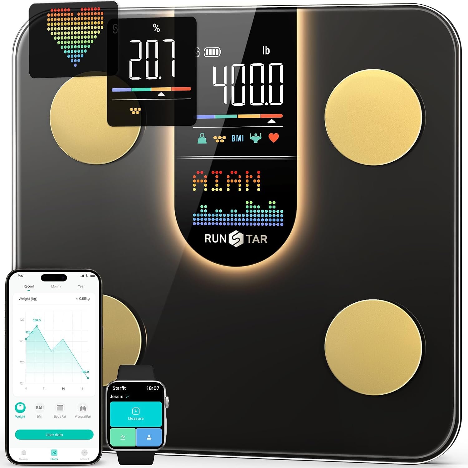 RunStar Scale for Body Weight, Smart Scale with 8-in-1 VA Display, High Precision Bathroom Digital Scale for Body Weight Heart Rate BMI Body Fat 22 Body Composition Sync APP, FSA&HSA Eligible
