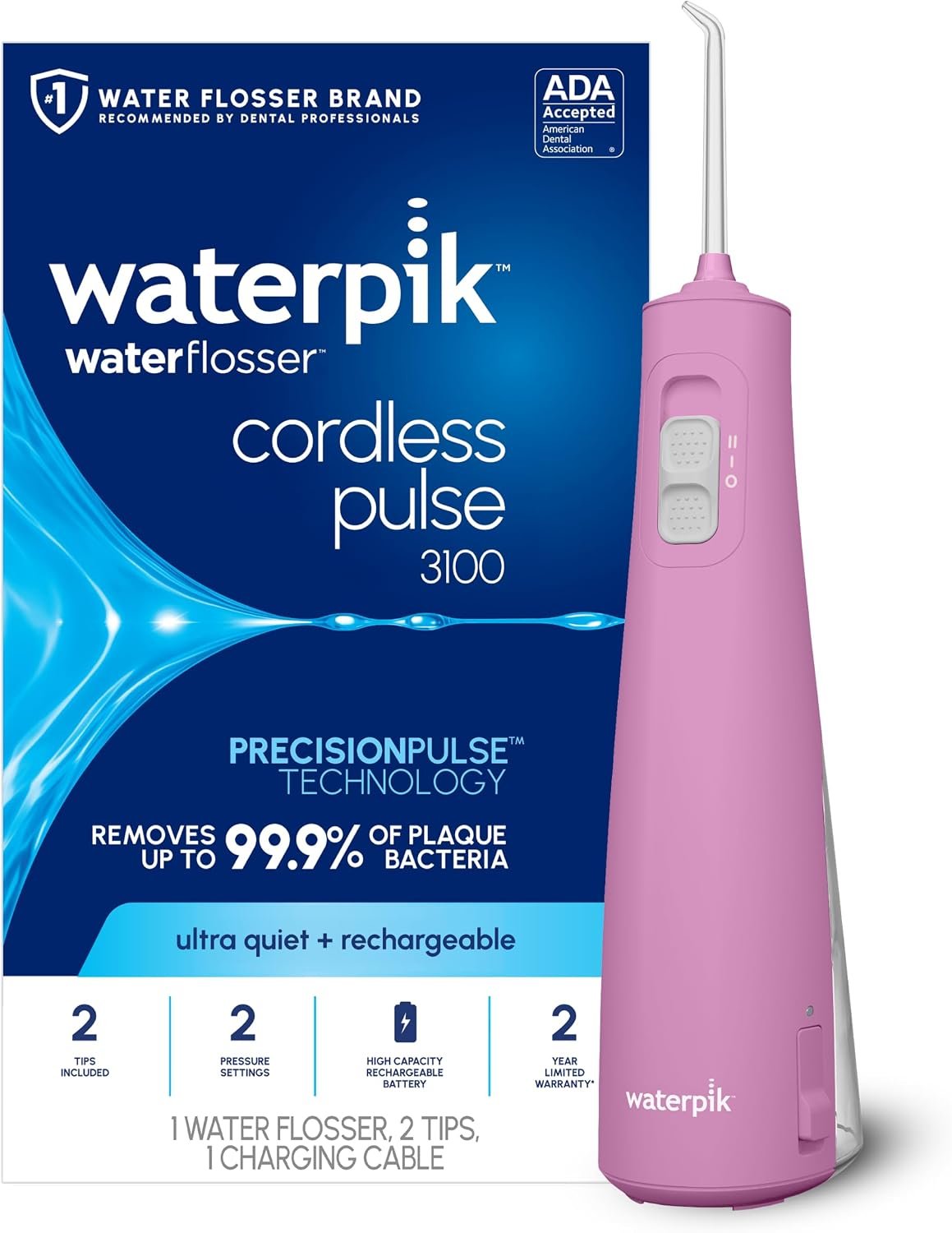 Waterpik Cordless Pulse 3100 Portable Water Flosser, Rechargeable, Mauve