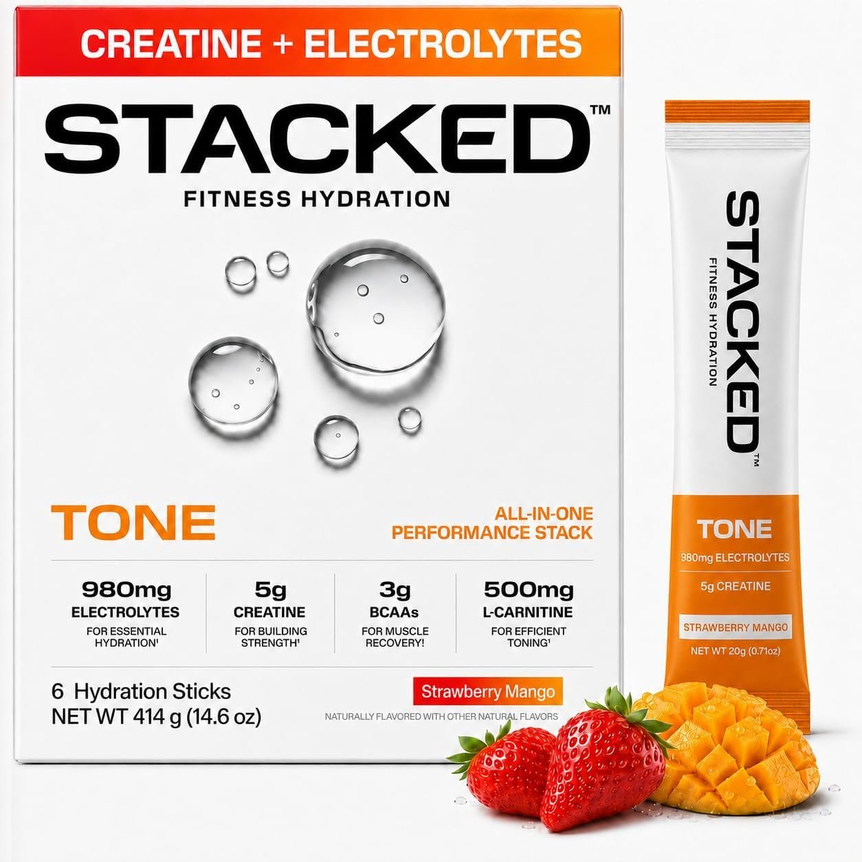 STACKED FITNESS HYDRATION Creatine + Electrolyte Mix, Strawberry Mango 6pk