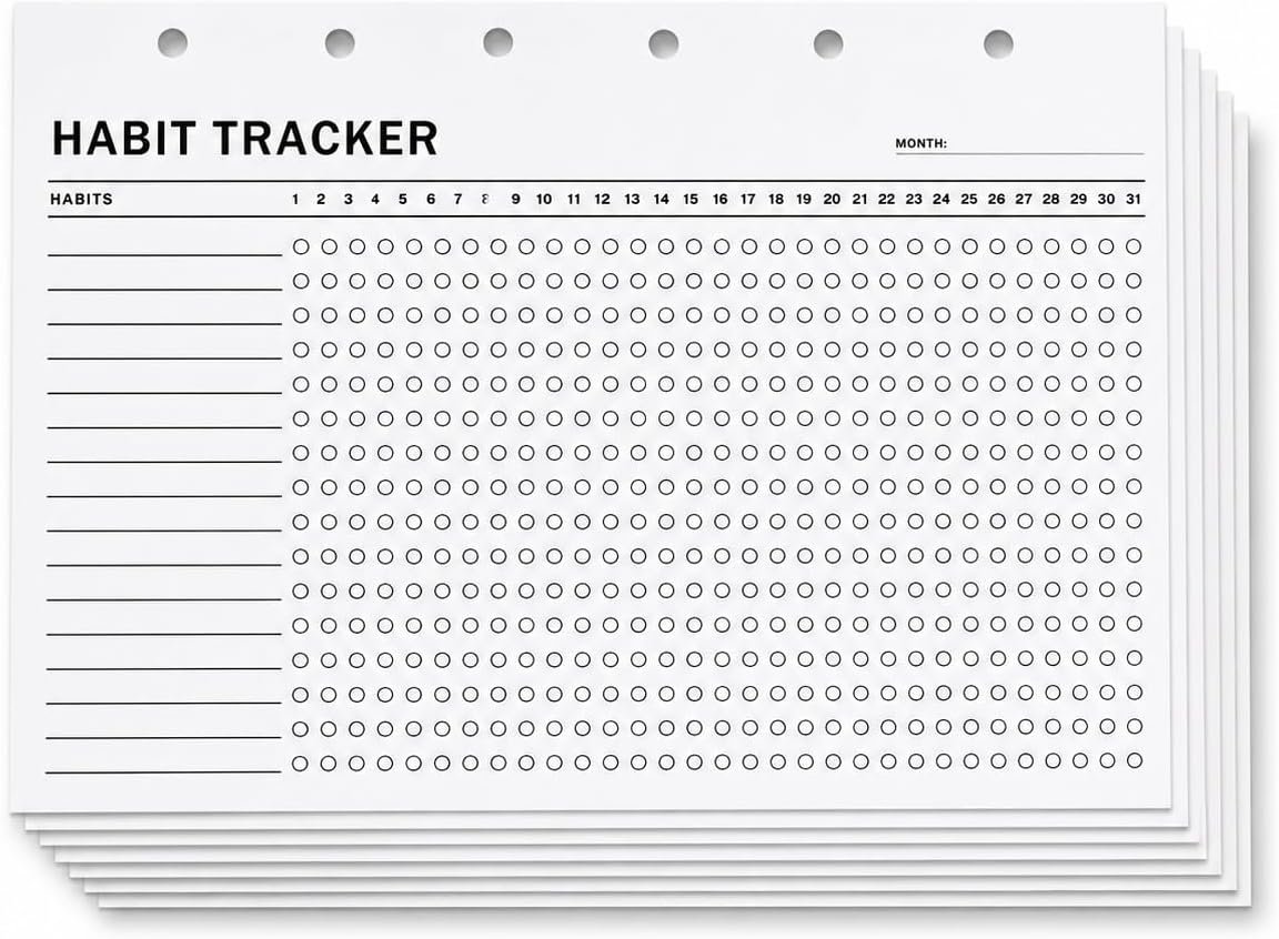 Monthly Habit Tracker, A5 6-Hole Planner Inserts, 12-Month