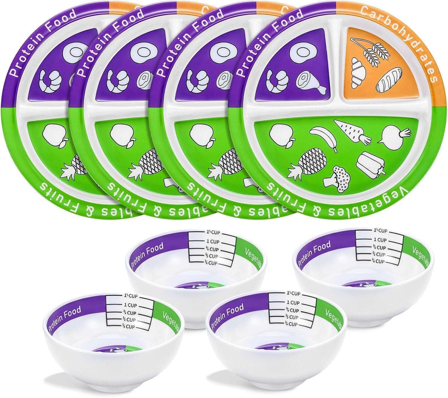 Tioncy 8 Pcs Bariatric Portion Control Plates Bowls for Diet,Classic