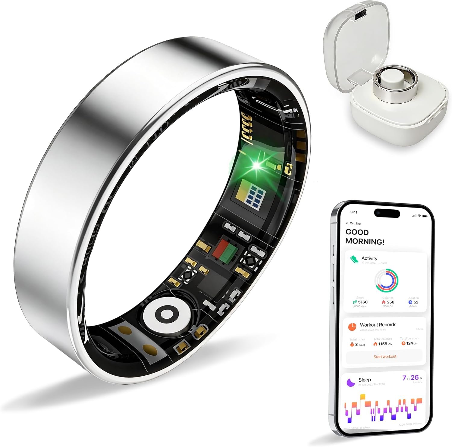 Smart Ring Health Tracker for Women Men, Sleep Exercise Health Monitoring Wearable Ring, Real‑Time Tracking, iOS/Android Compatible, IP68 Waterproof, No Subscription, 5‑Day Battery (Silver, 10)