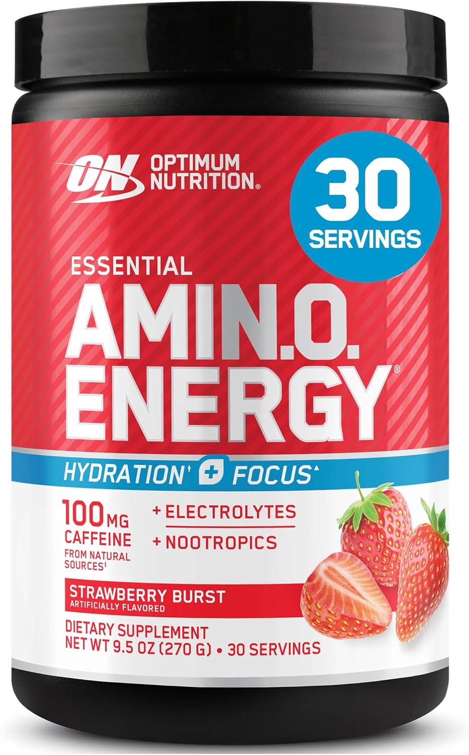 Optimum Nutrition Amino Energy Powder Plus Focus, Juicy Strawberry, 9.5 Oz