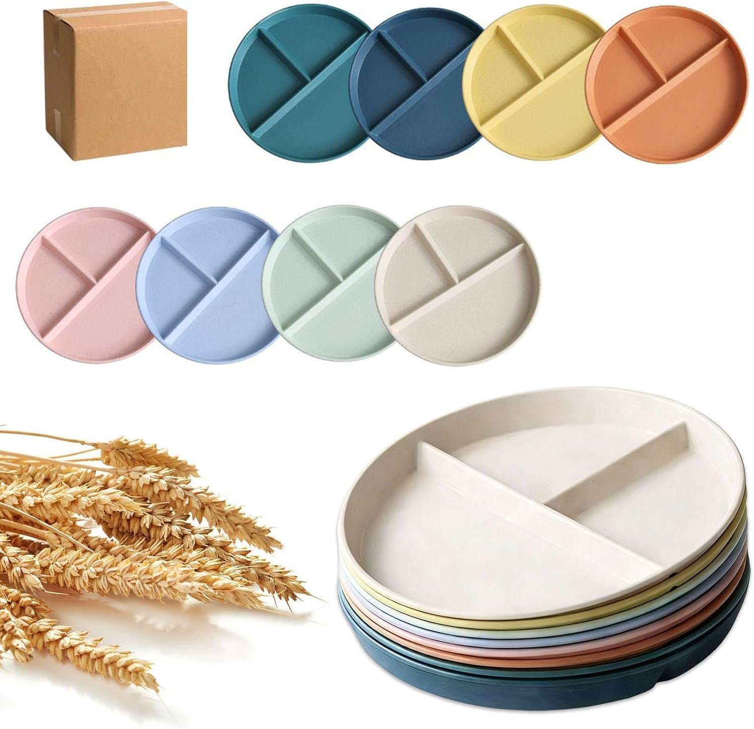 8 Sets 9 In Plastic Compartmented Dinner Plates, 3 Compartments, Adults