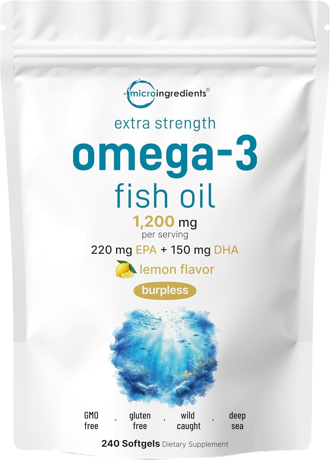 Micro Ingredients Extra Strength Omega 3 Fish Oil Supplements 1,200mg Per Serving, 240 Softgels | Lemon Flavored | Burpless | Essential Fatty Acids | EPA 220mg + DHA 150mg | Deep Sea Fish