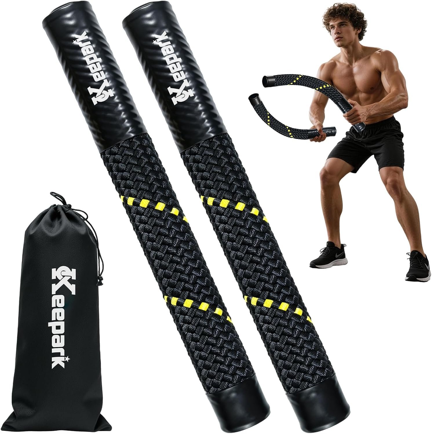 Ropeless Battle Ropes for Home Gym – Portable Cordless Battle Rope with Storage Bag, Non-Slip Handle, Low-Impact Cardio Fitness Gear for Men & Women Full Body Exercise & Arm Strength – Black
