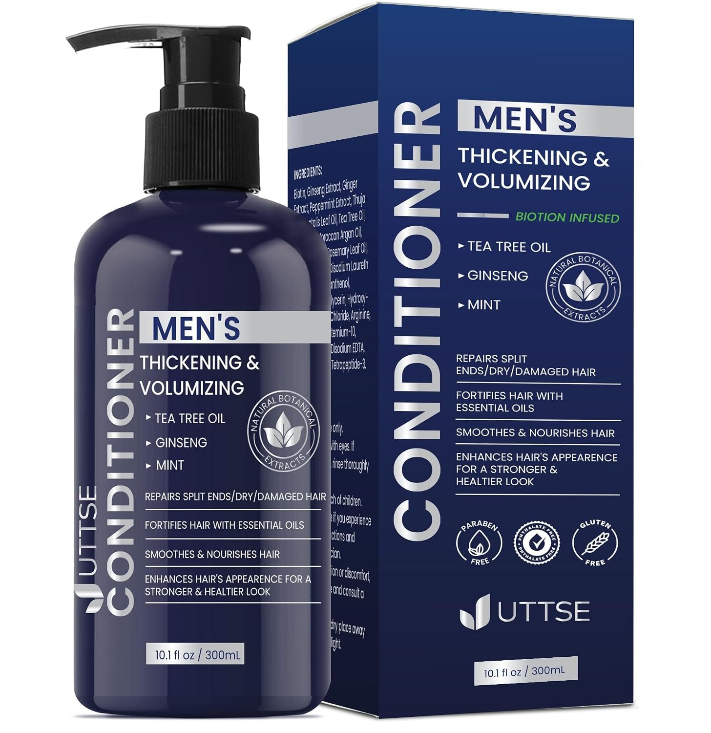 Biotin Hair Growth Conditioner for Men: Natural Thickening and Volumizing Conditioner with Tea Tree Oil Ginseng Mint for Hair Loss and Thinning Hair – 10.1 fl.oz, Dark Blue