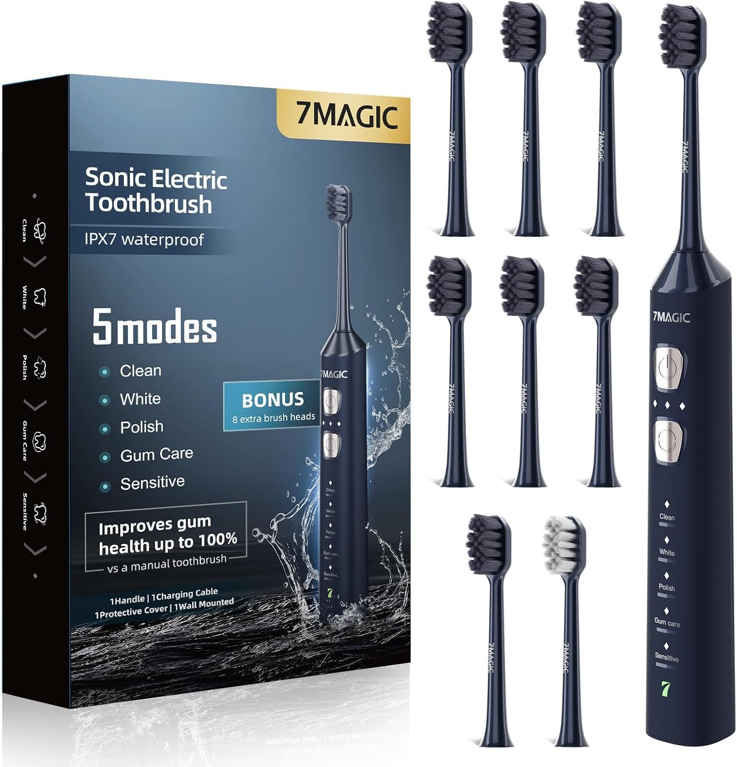 7MAGIC Sonic Electric Toothbrush, 180-Day Runtime, 42000 VPM, 8 Heads, Blue