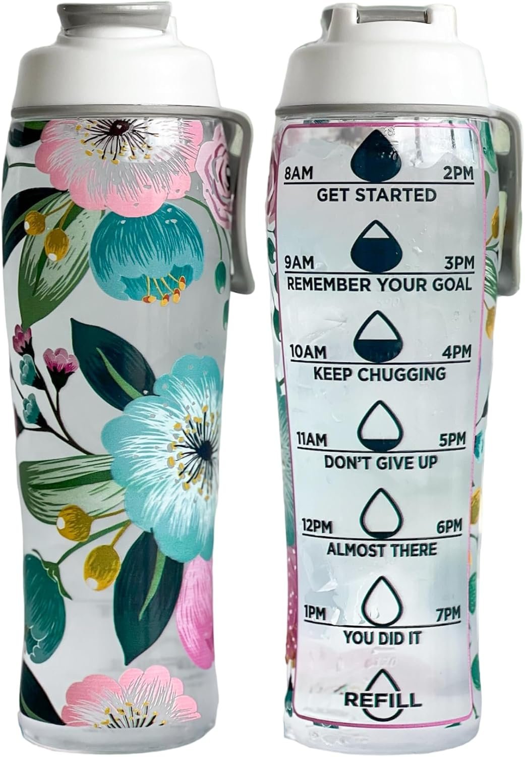 50 Strong | Water Bottle with Time Marker, 30 oz, Pretty Flowers